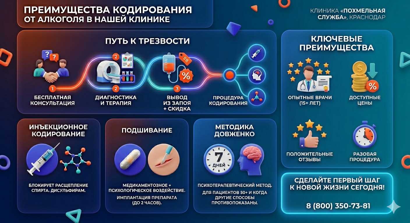 Инфографика о методах кодирования от алкоголя в Куровском: инъекции, подшивание, метод Довженко. Преимущества клиники и этапы лечения.