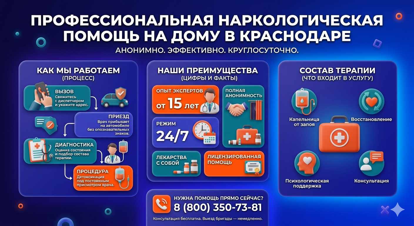 Инфографика о принципах лечения алкоголизма на дому в Куровском: этапы вызова нарколога, преимущества анонимной детоксикации и состав медицинской помощи.